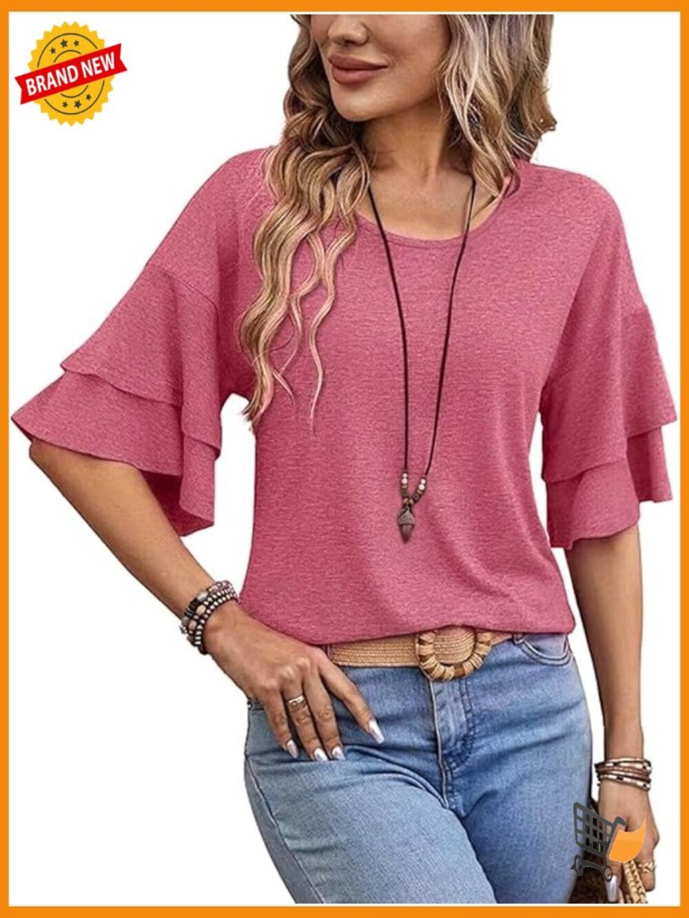 3/4 Bell Sleeve Tunic Top Crew Neck Blouse Dressy Casual Loose Fit Shirt